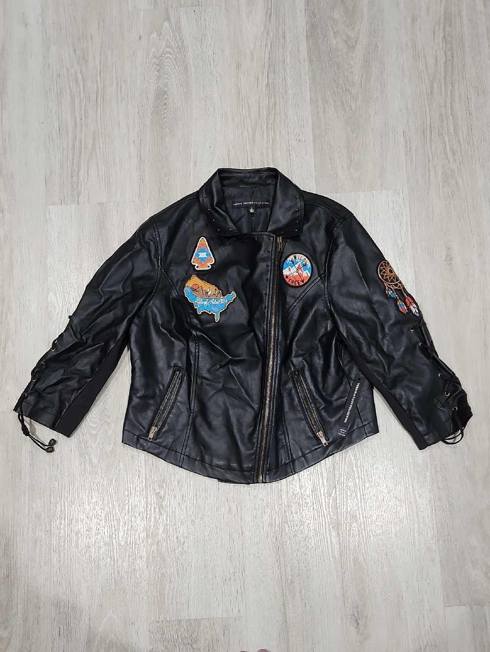 Torrid Black Faux Leather Moto Jacket with Colorful Patch Accents Size 0